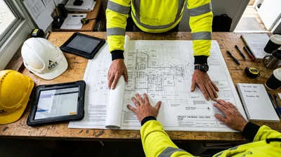 Construction Managers Reviewing Architectural Blueprints On Site