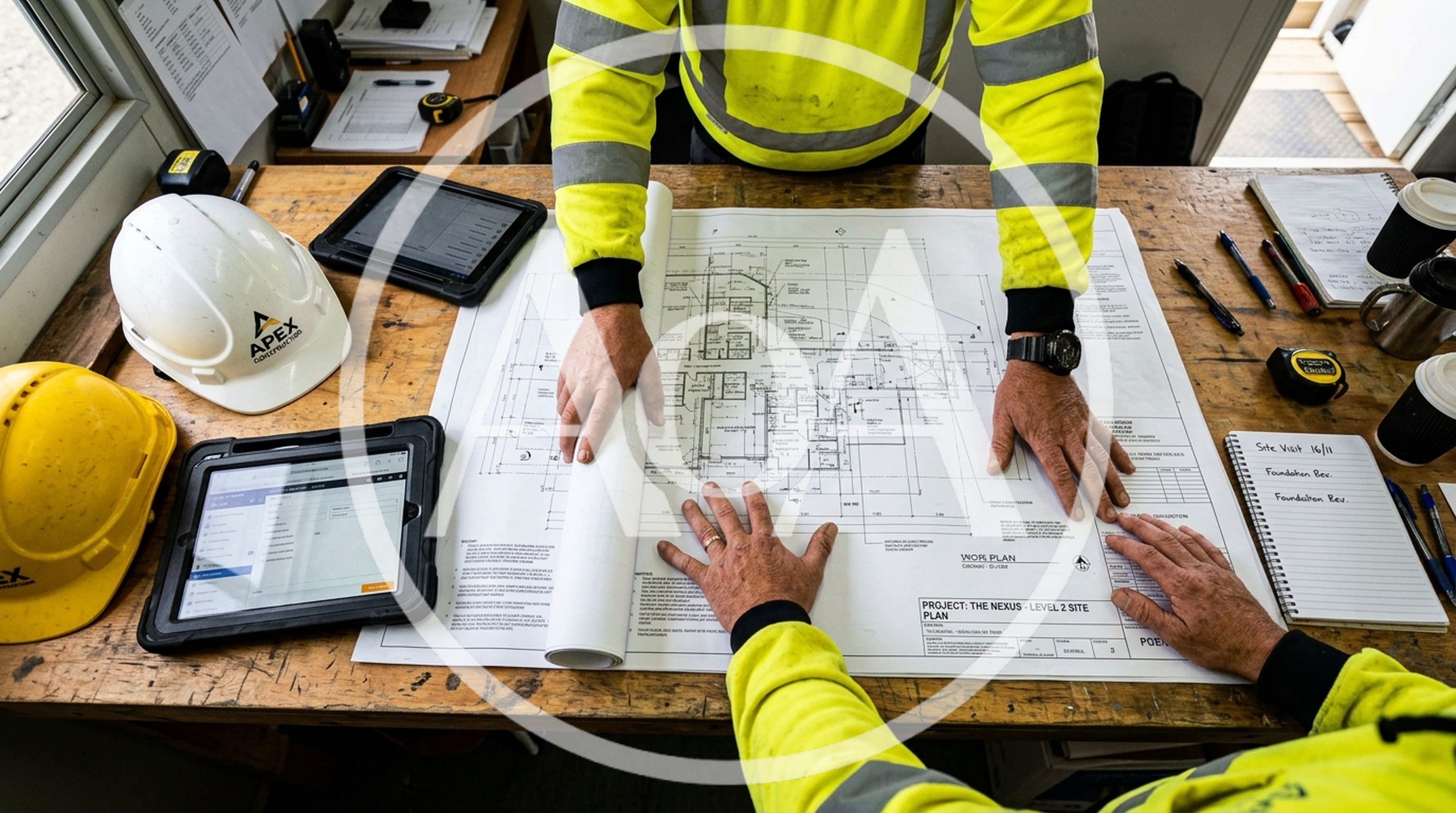 Construction Managers Reviewing Architectural Blueprints On Site
