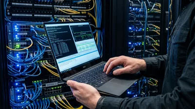 IT Technician Configuring Server Rack With Laptop