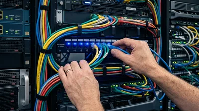 IT Technician Connecting Ethernet Cable In Server Rack