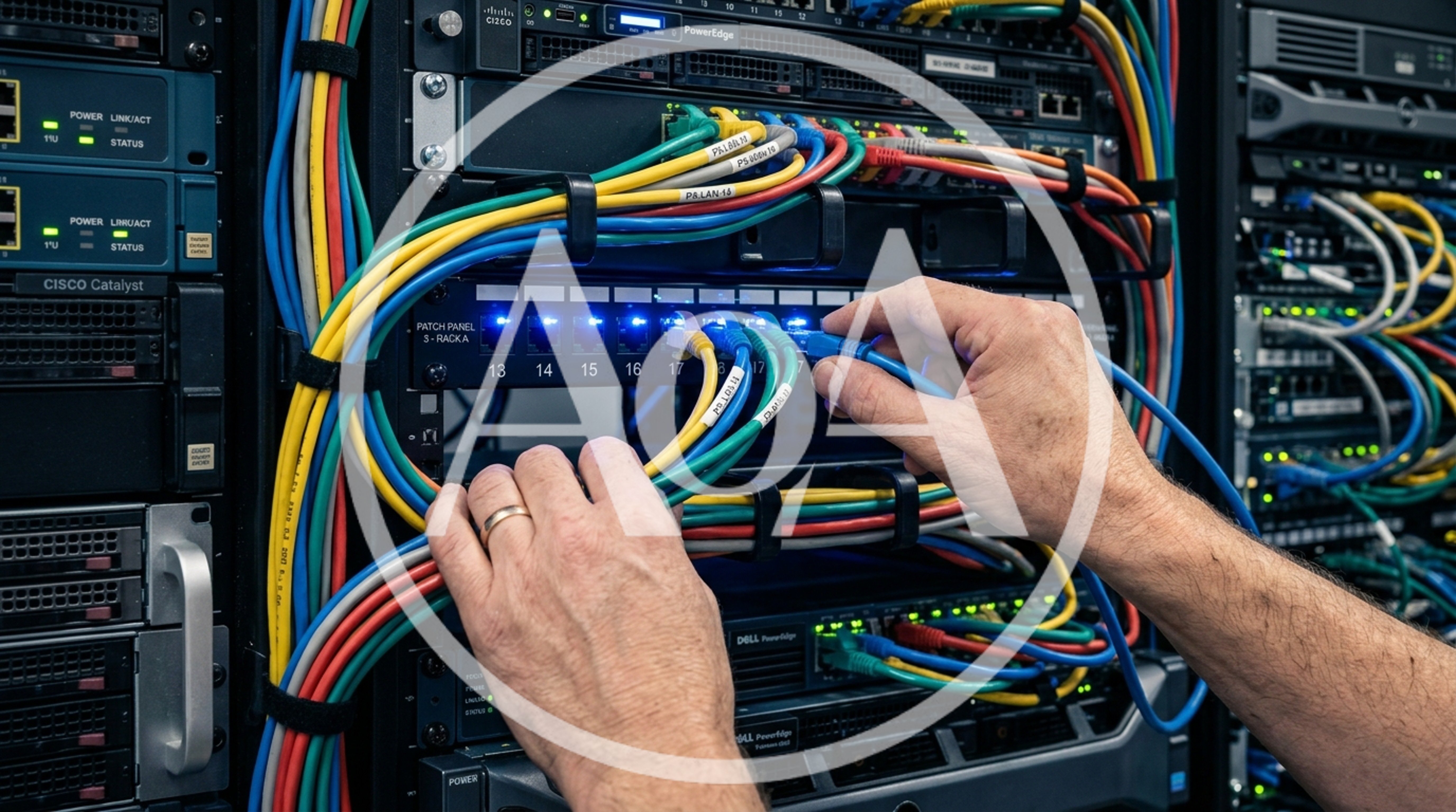 IT Technician Connecting Ethernet Cable In Server Rack