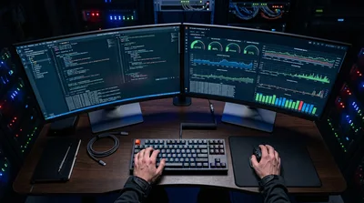 Software Engineer Working In A Dark Server Room