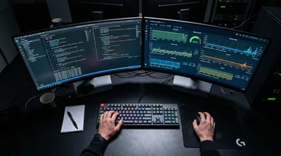 Software Developer Working On Dual Monitor Setup