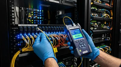 Technician Testing Fiber Optic Cable in Data Center