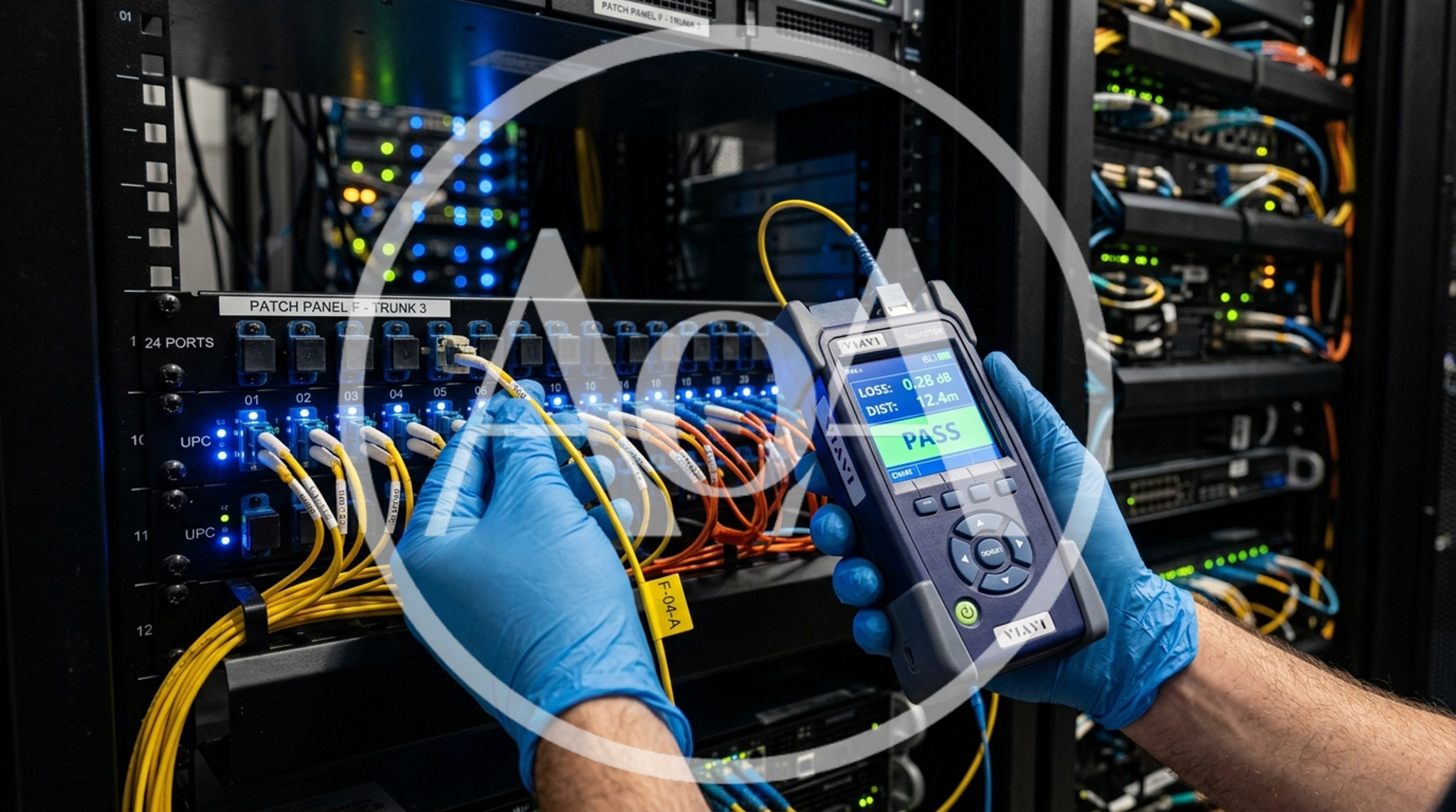 Technician Testing Fiber Optic Cable in Data Center