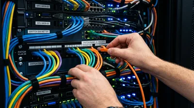IT Technician Connecting Ethernet Cable In Server Rack