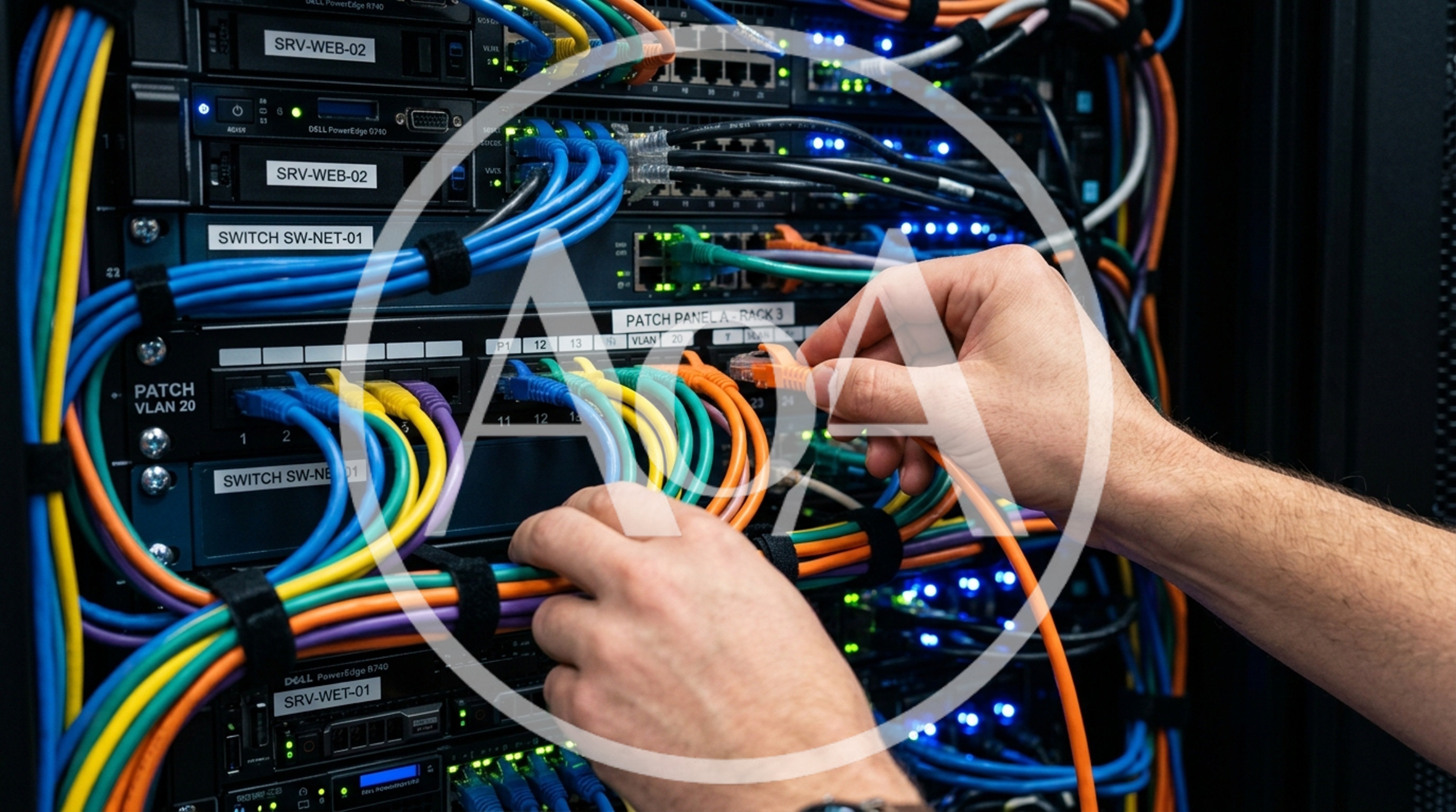 IT Technician Connecting Ethernet Cable In Server Rack