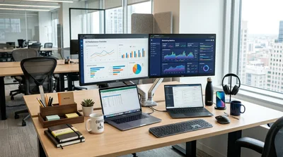Modern Office Desk With Dual Monitors And Laptops