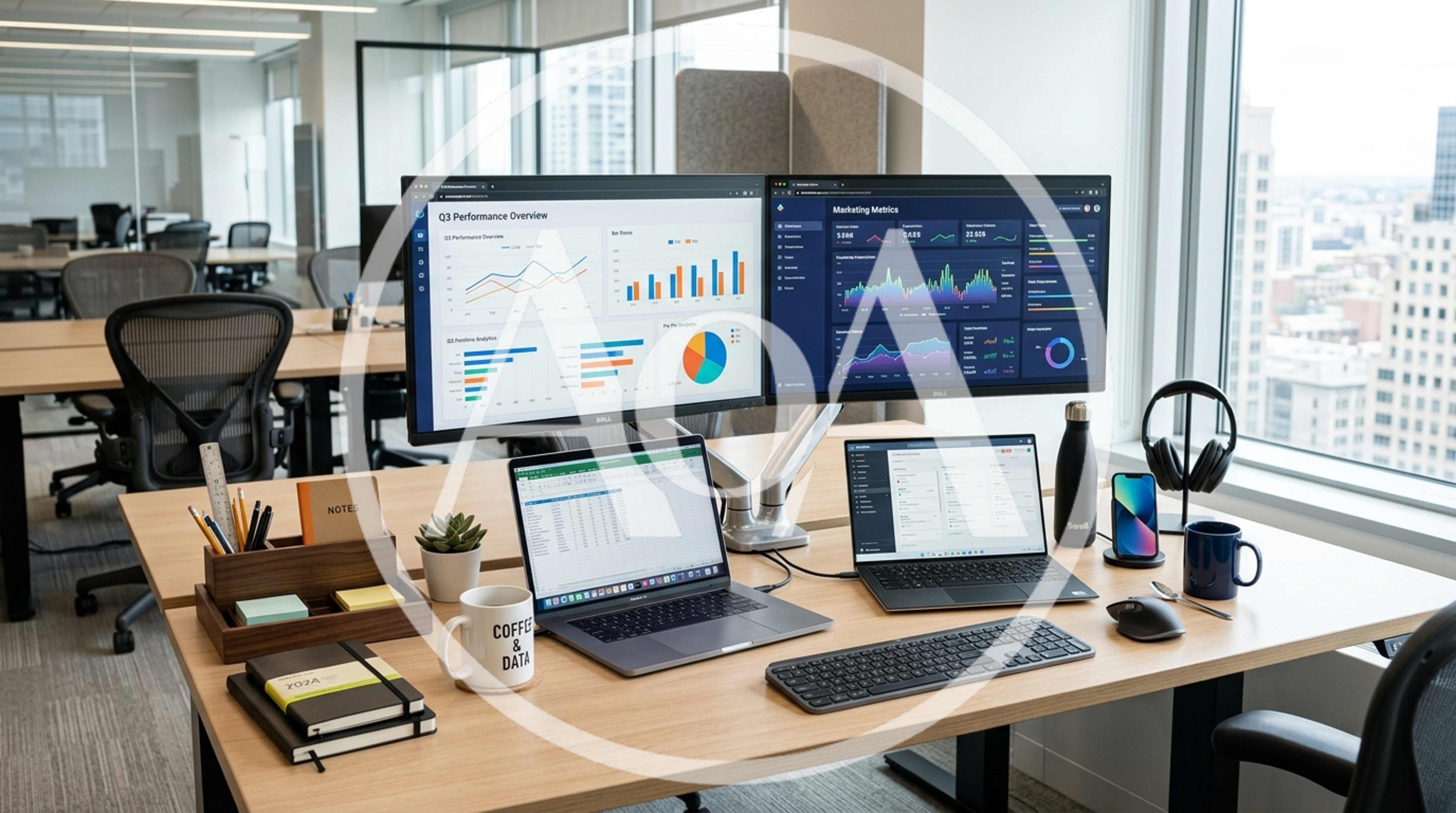 Modern Office Desk With Dual Monitors And Laptops