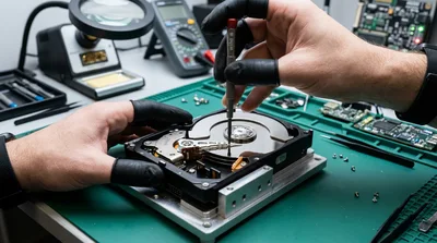 Technician Repairing Hard Disk Drive In Laboratory