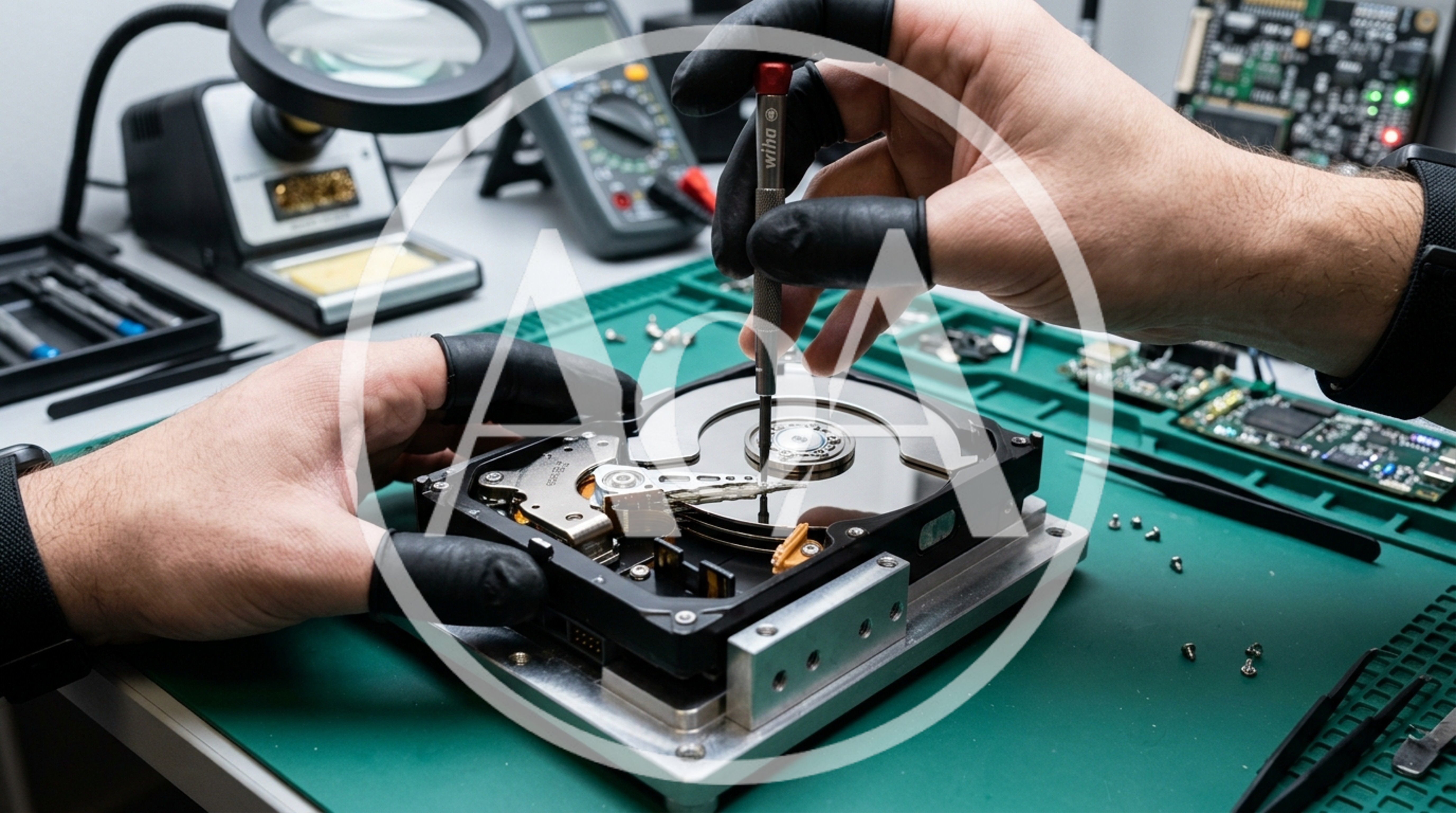 Technician Repairing Hard Disk Drive In Laboratory
