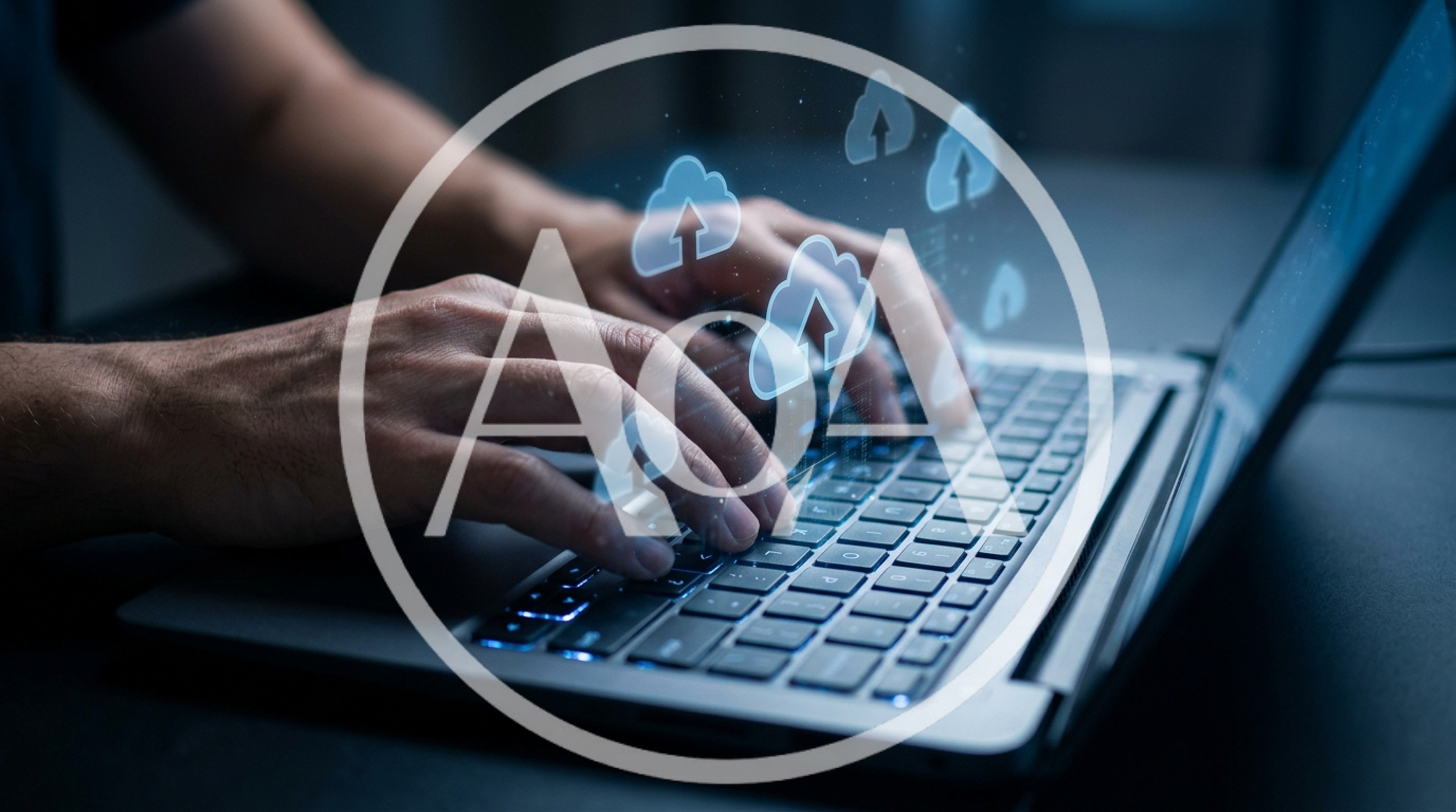 Person Typing on Laptop with Digital Cloud Upload Icons