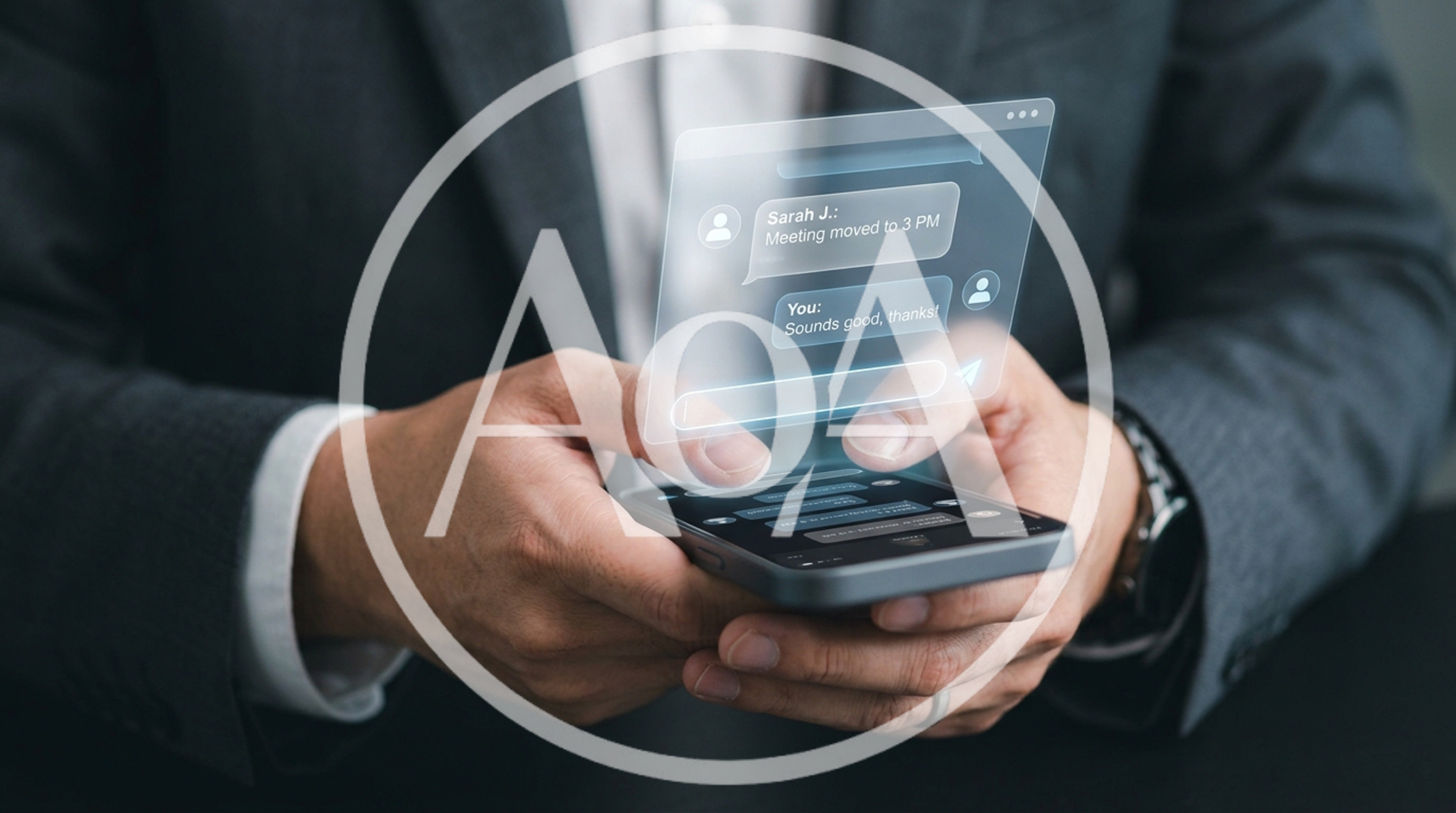 Businessman Using Smartphone With Holographic Chat Interface