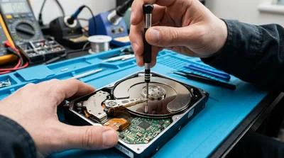 Technician Repairing Hard Disk Drive In Electronics Workshop