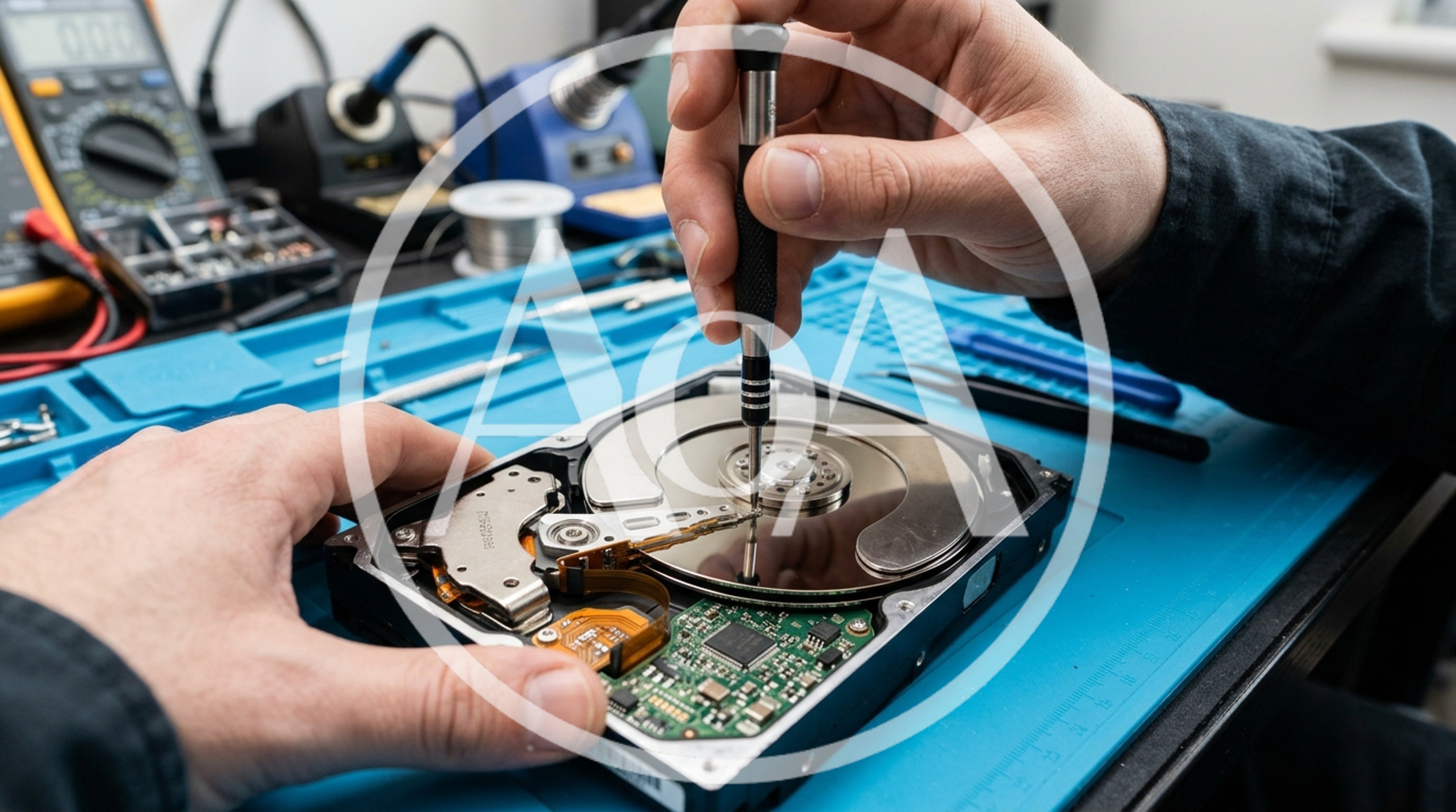 Technician Repairing Hard Disk Drive In Electronics Workshop