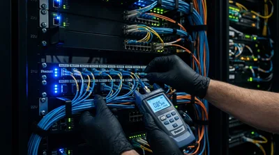 Technician Testing Fiber Optic Cables In Server Room