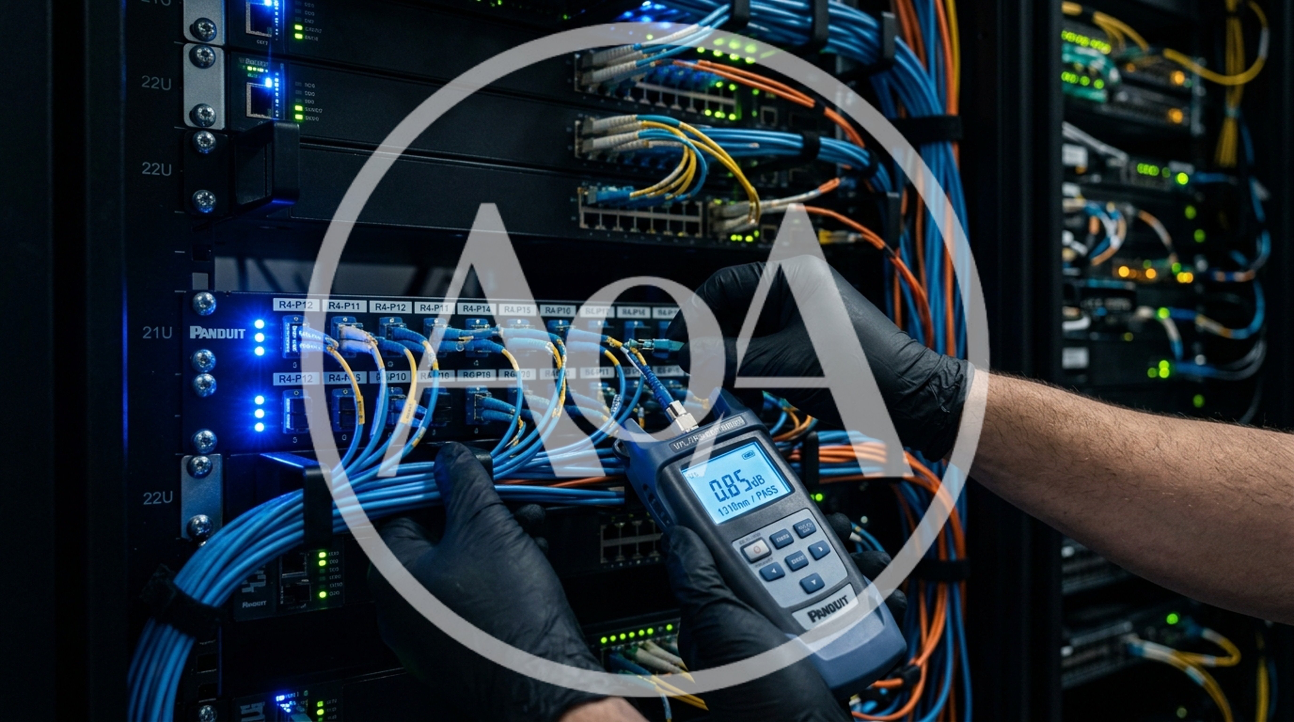 Technician Testing Fiber Optic Cables In Server Room