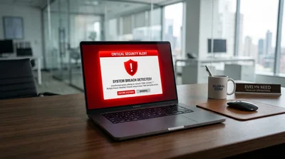 Laptop Displaying Critical Security Breach Alert In Office