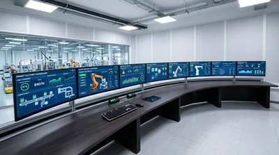 Smart Factory Control Room With Digital Monitoring Dashboards
