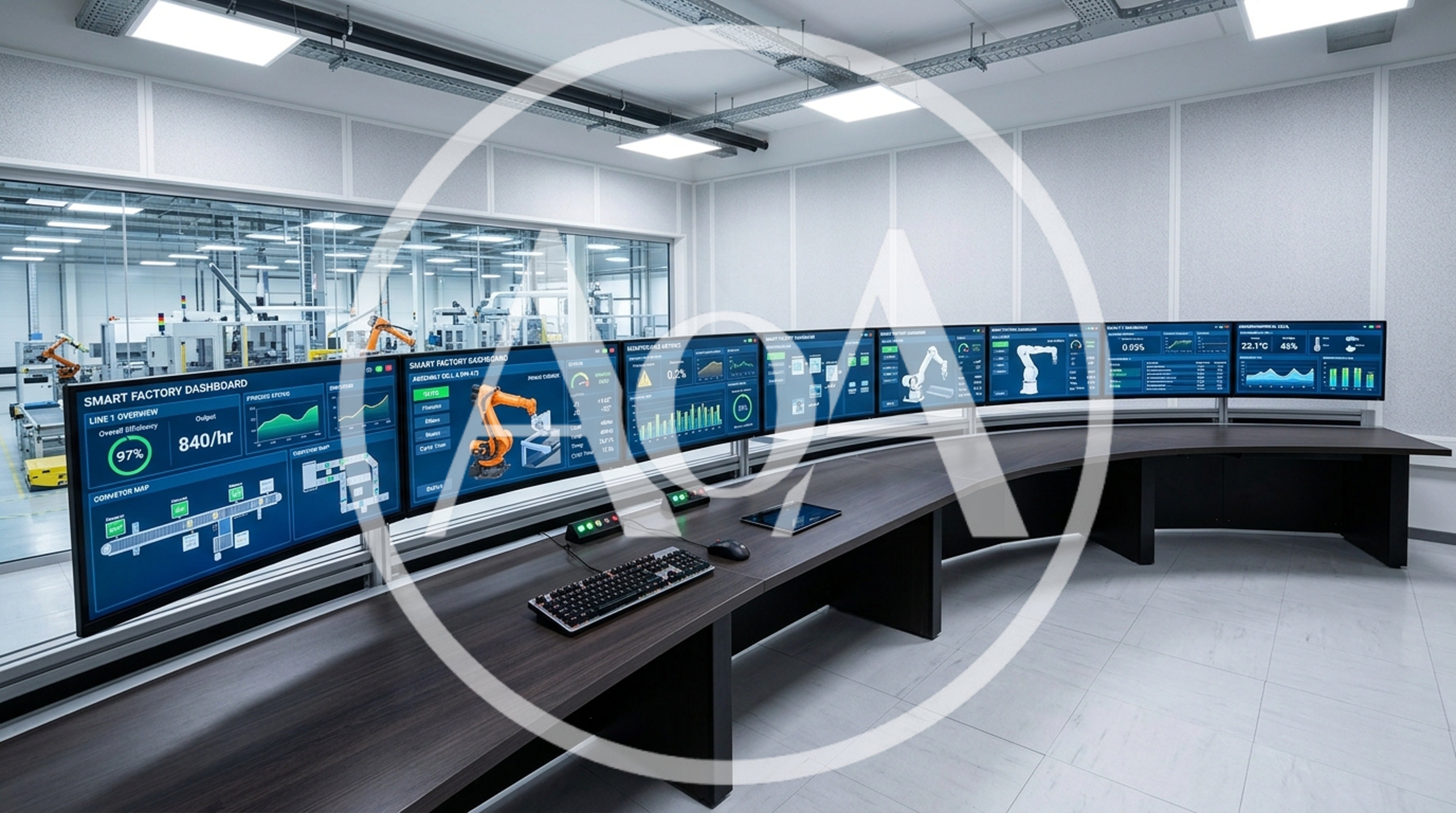 Smart Factory Control Room With Digital Monitoring Dashboards