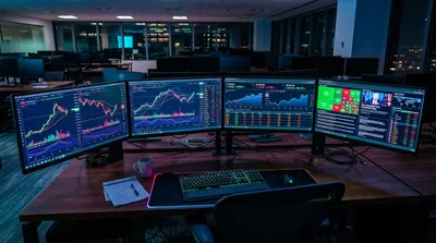 Professional Trading Desk With Multiple Financial Charts