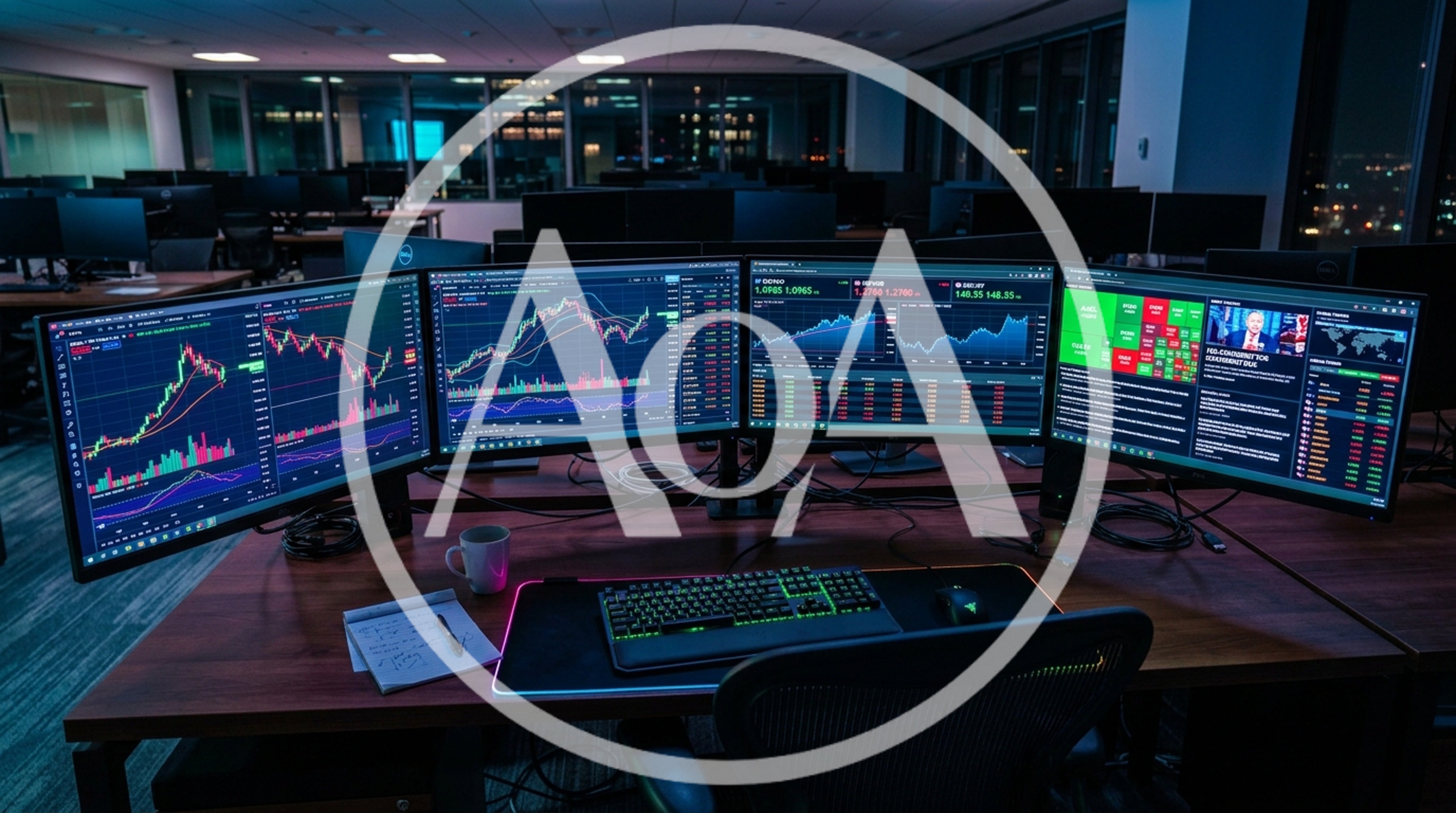 Professional Trading Desk With Multiple Financial Charts