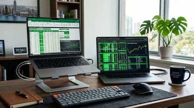 Dual Laptop Setup With Financial Data And Stock Charts