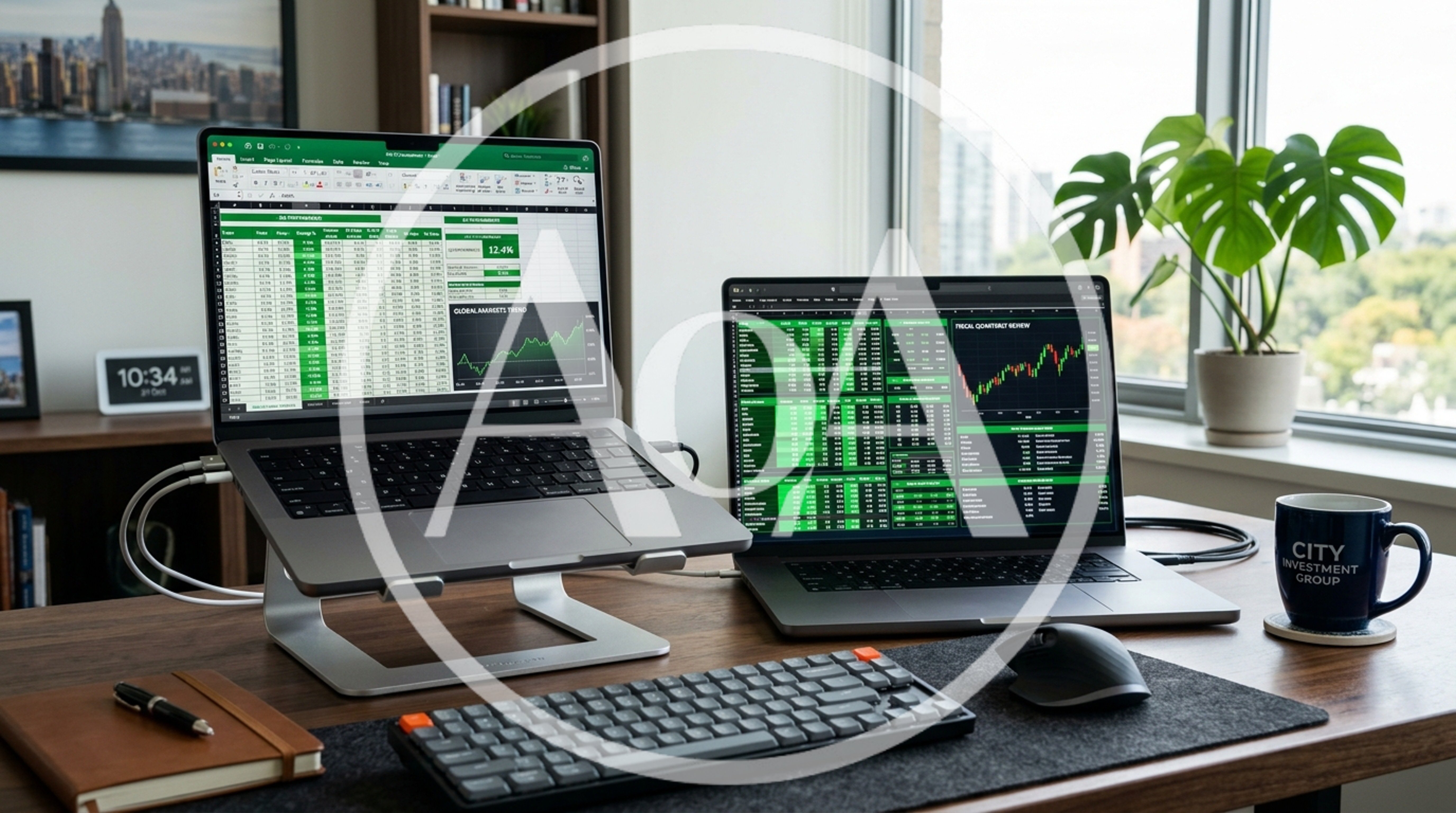 Dual Laptop Setup With Financial Data And Stock Charts