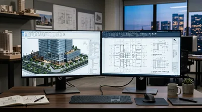 Architectural Design Workspace With Dual Monitors And Blueprints