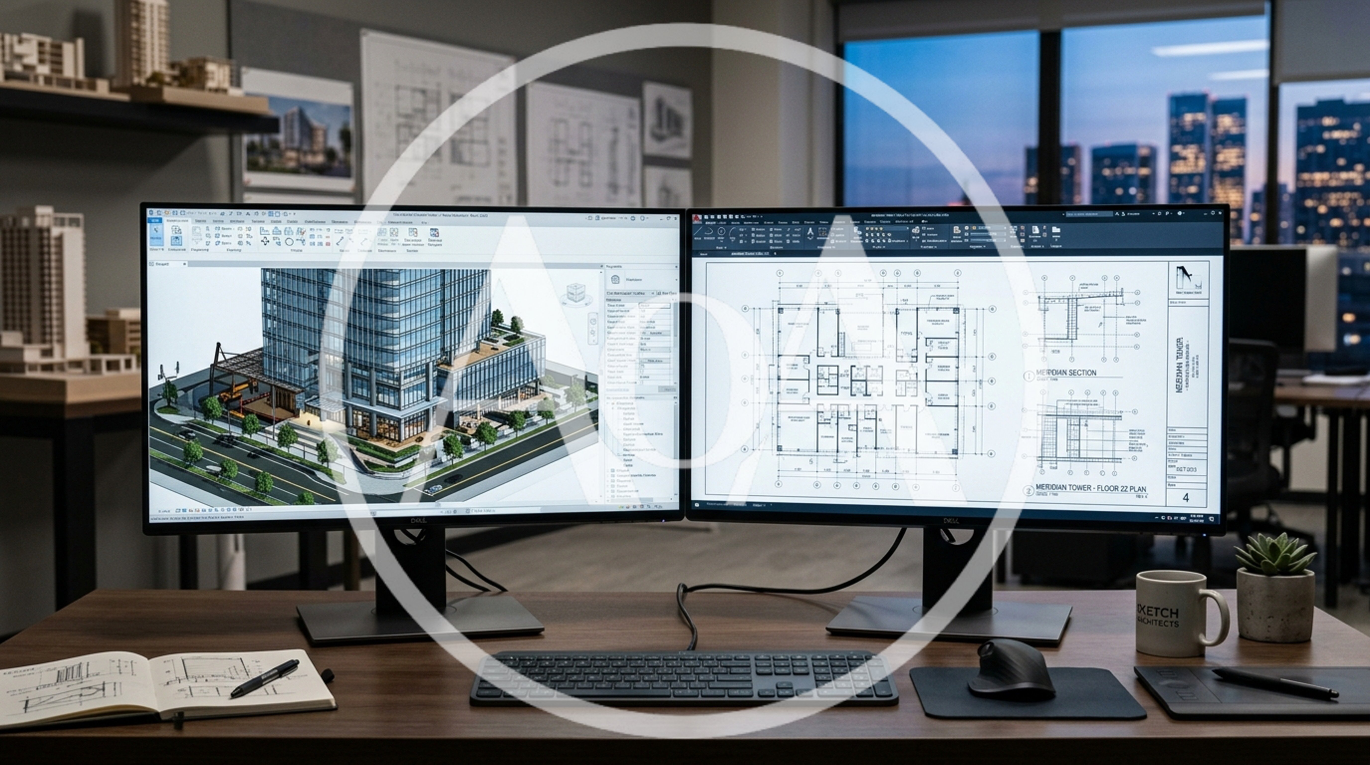 Architectural Design Workspace With Dual Monitors And Blueprints