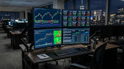 Financial Trading Desk With Multiple Monitors At Night