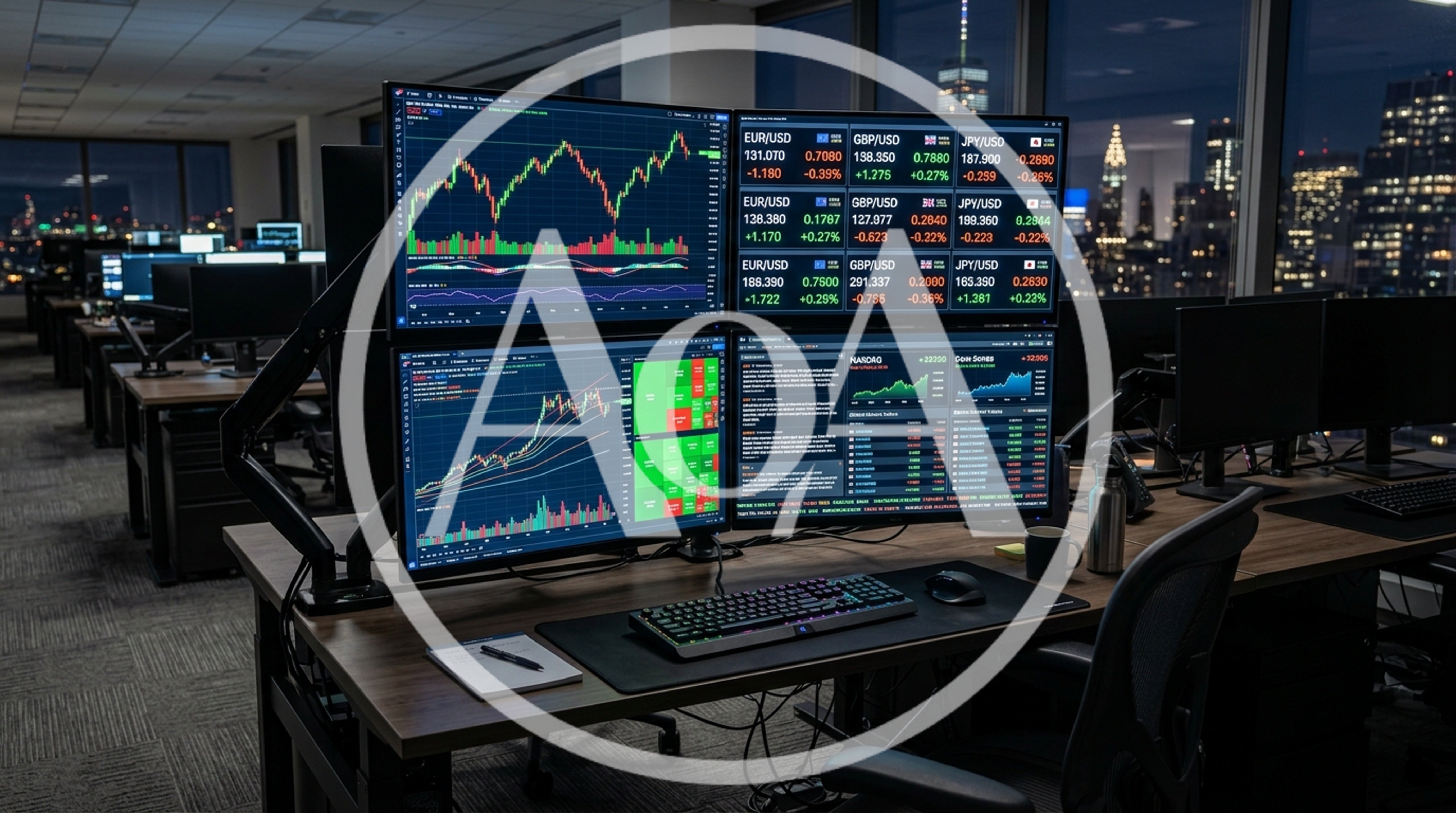 Financial Trading Desk With Multiple Monitors At Night