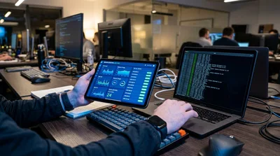 Software Engineer Monitoring Server Performance On Tablet
