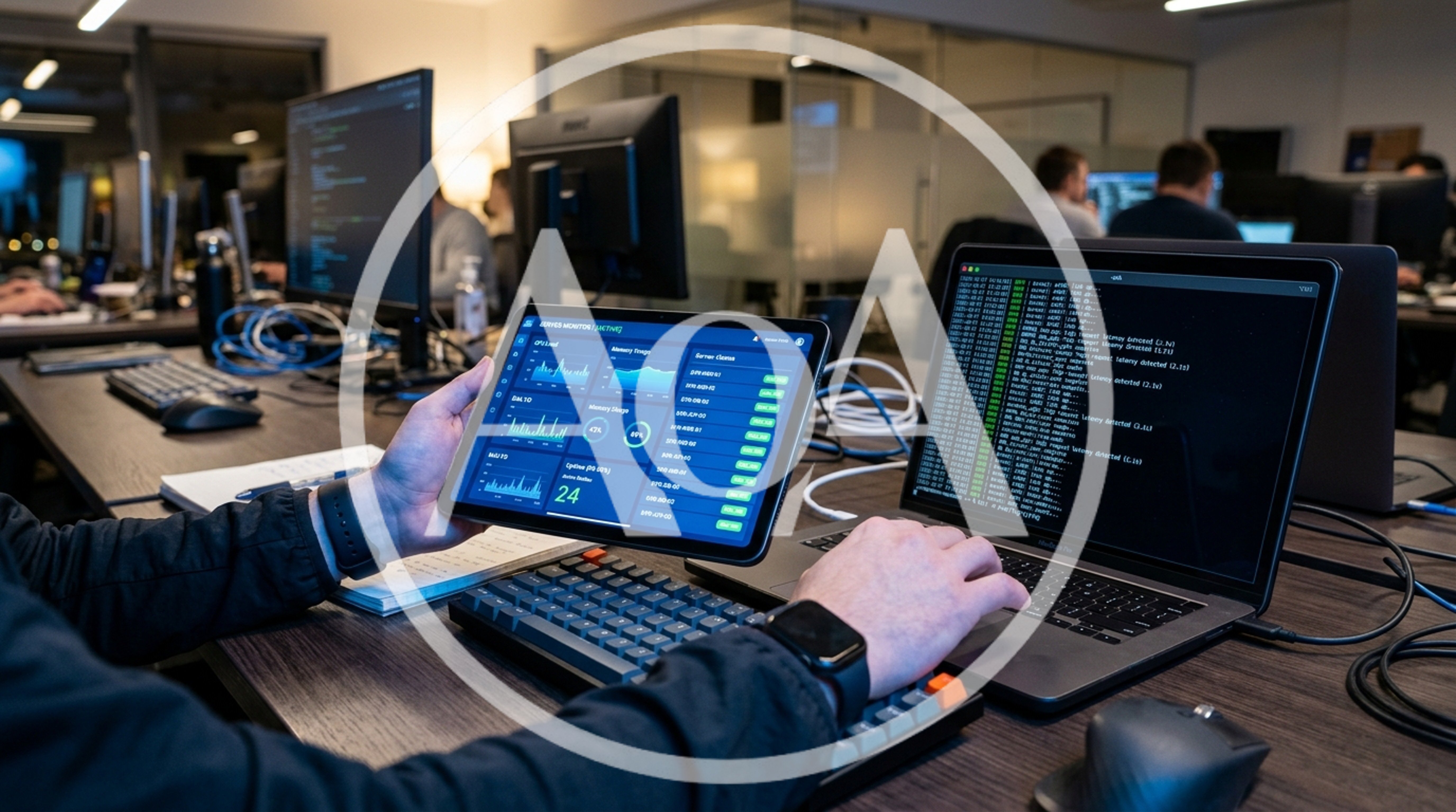 Software Engineer Monitoring Server Performance On Tablet