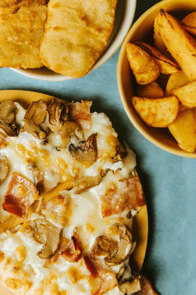 Mushroom and Bacon Pizza with Potato Wedges