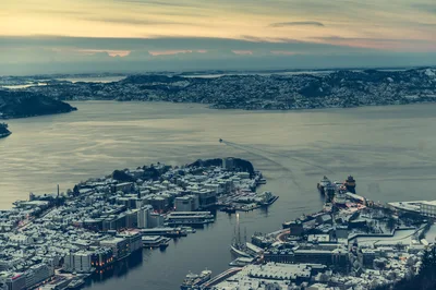 Aerial View Of Snowy Bergen Harbor At Twilight