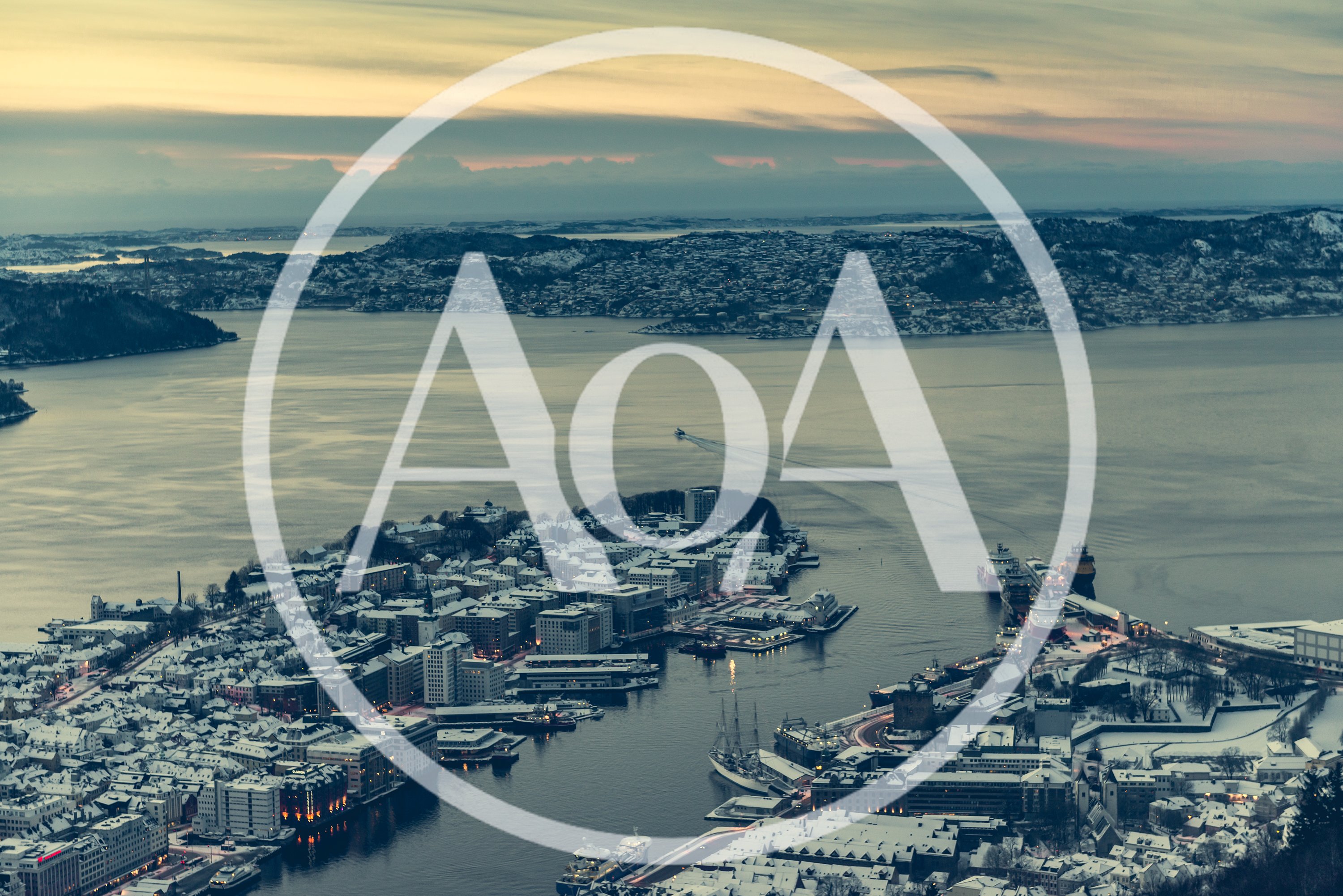 Aerial View Of Snowy Bergen Harbor At Twilight