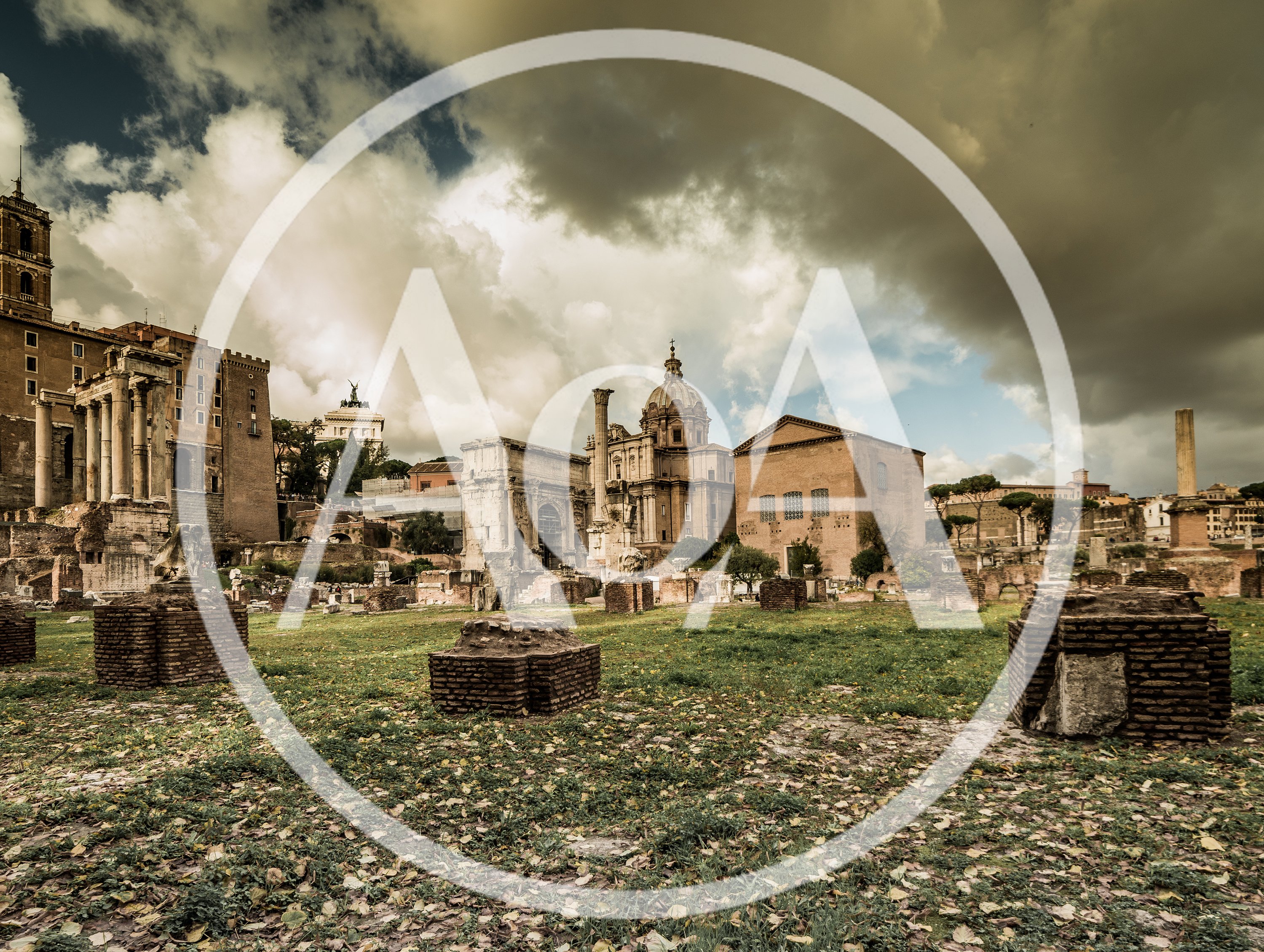 Ancient Roman Forum Ruins Under Dramatic Cloudy Sky