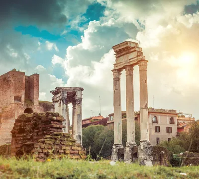Ancient Roman Forum Ruins Under Dramatic Cloudy Sky
