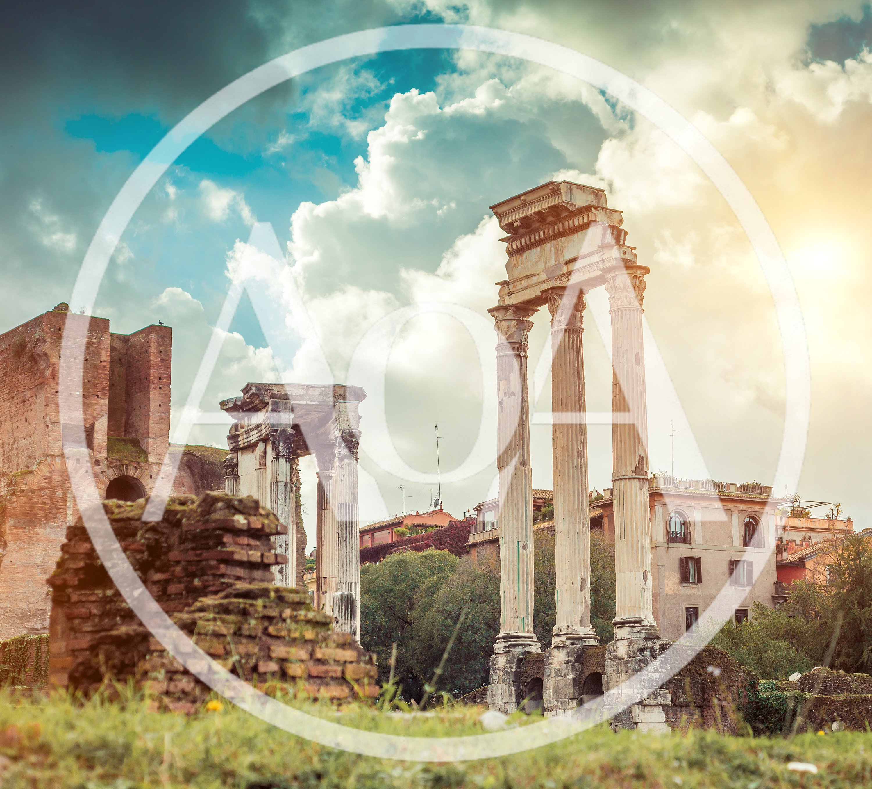 Ancient Roman Forum Ruins Under Dramatic Cloudy Sky