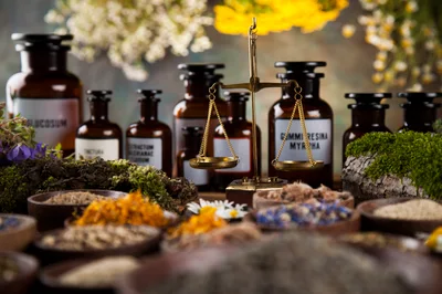 Herbal Medicine Apothecary With Scales And Glass Bottles