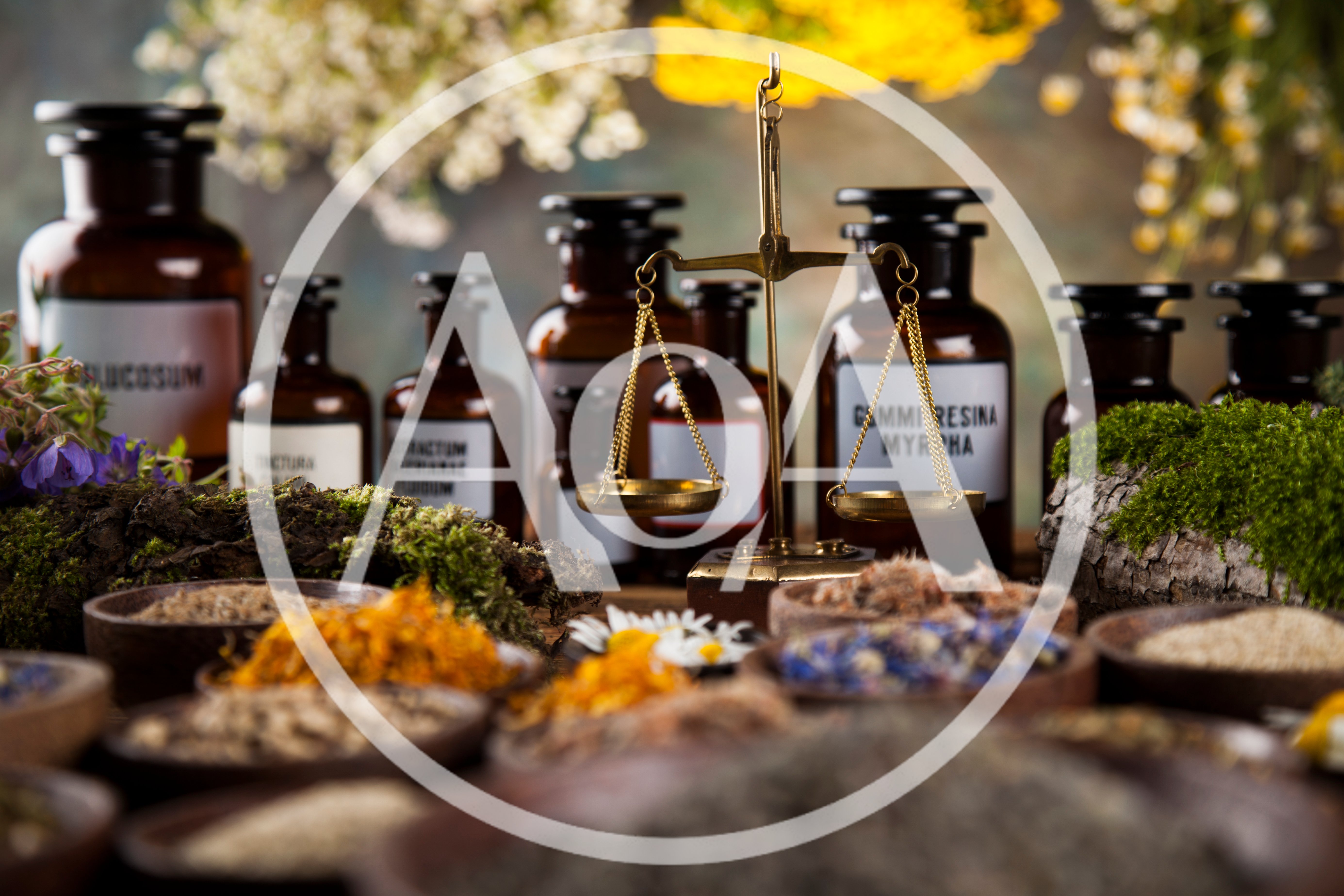 Herbal Medicine Apothecary With Scales And Glass Bottles