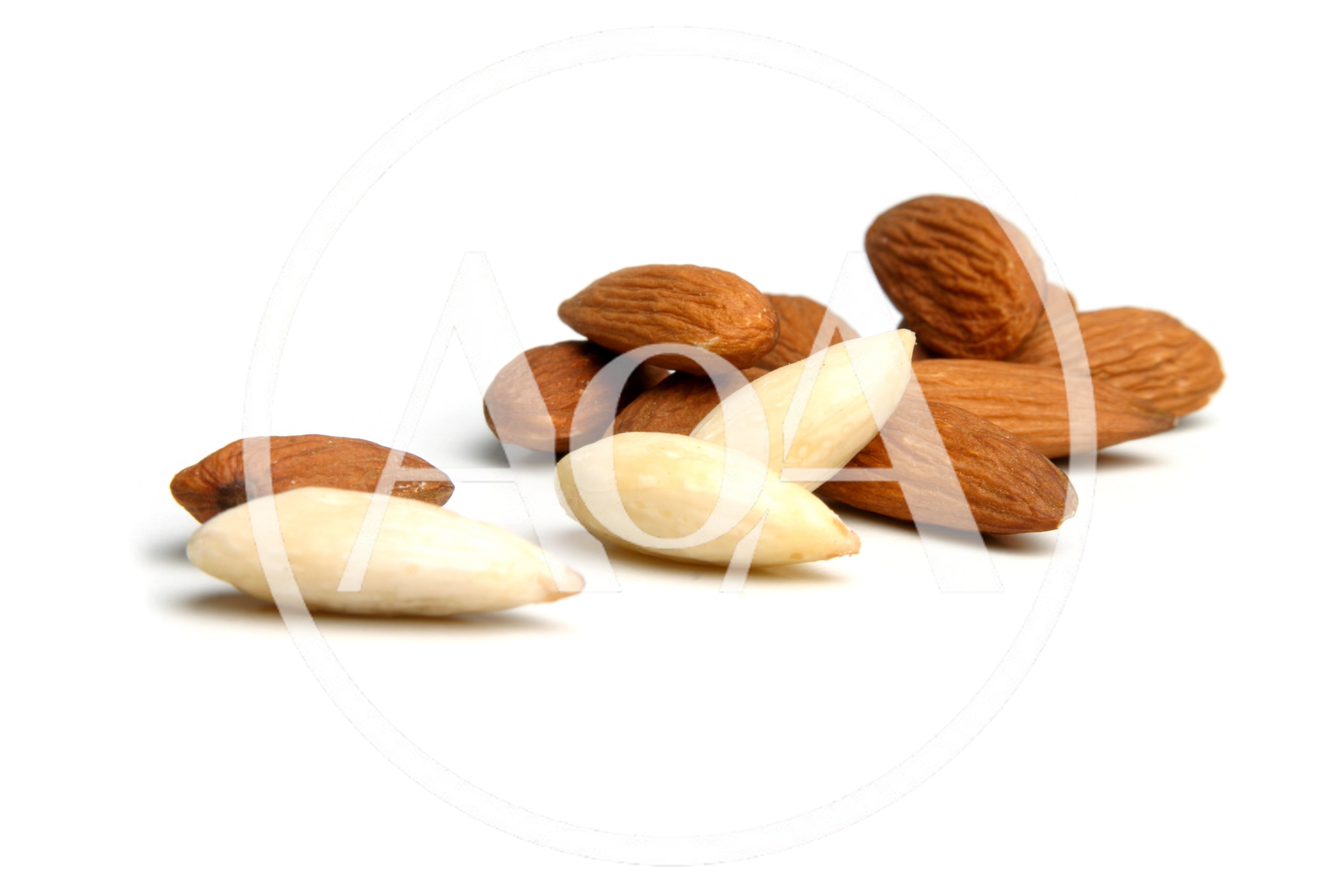Group Of Raw And Blanched Almonds On White Background