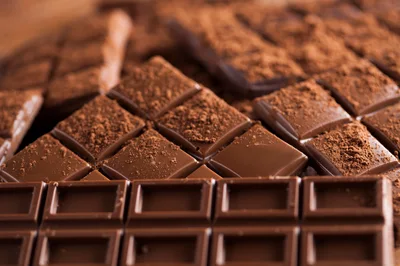 Close Up Of Milk Chocolate Bars With Cocoa Powder