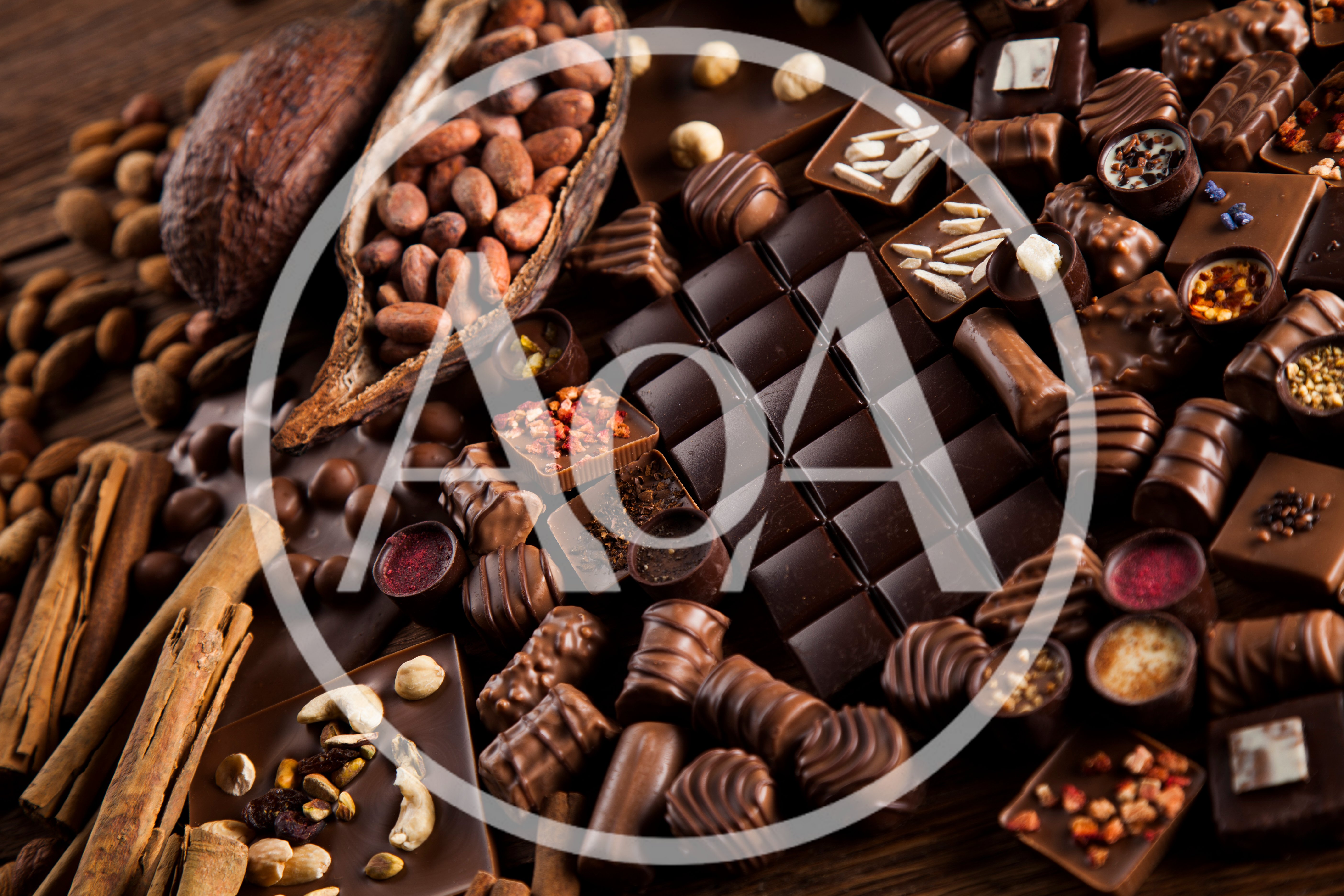 Assorted Gourmet Chocolates and Cocoa Beans
