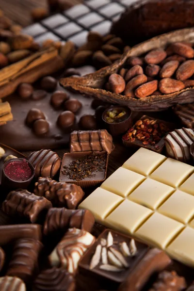 Assorted Gourmet Chocolates and Cocoa Beans