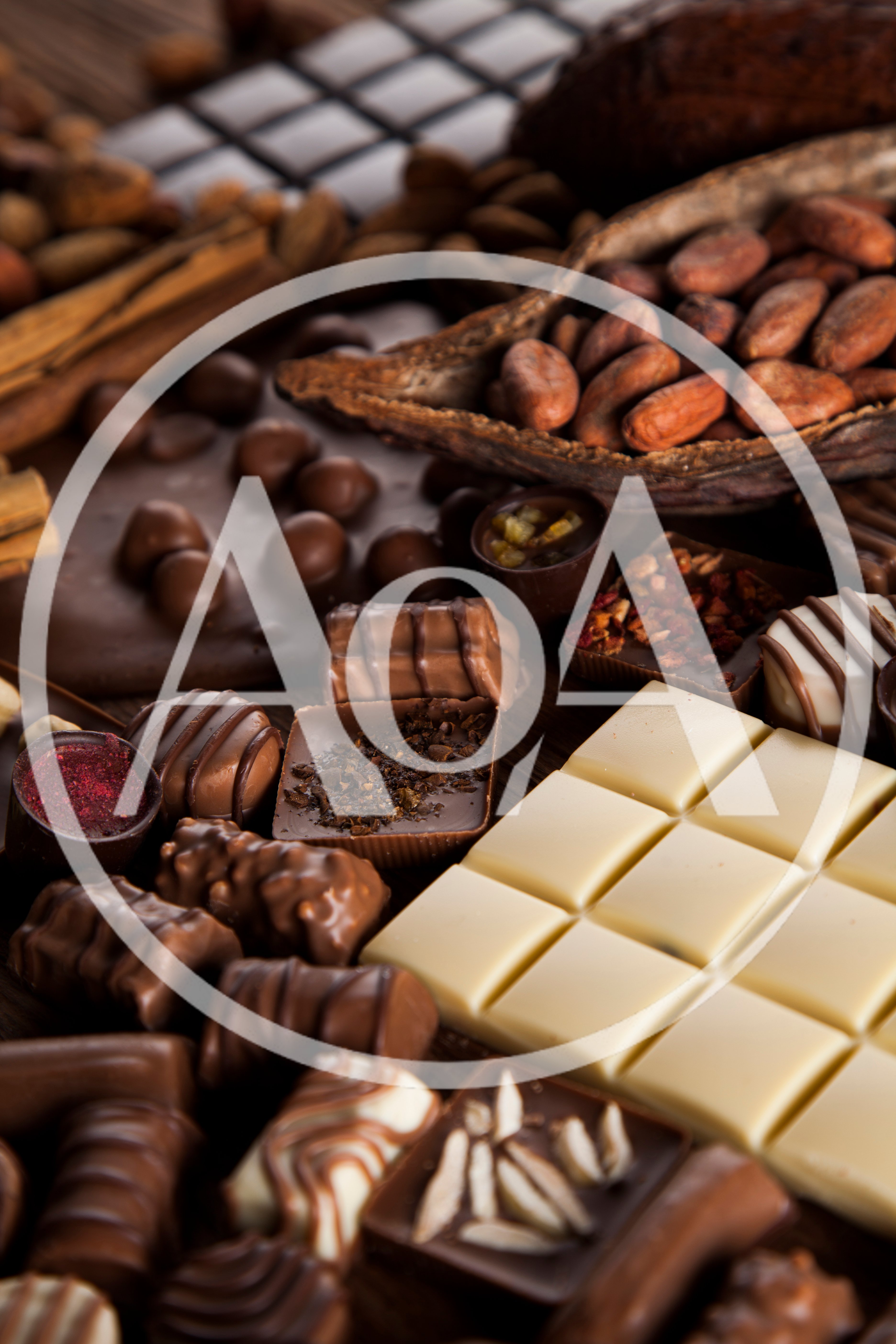 Assorted Gourmet Chocolates and Cocoa Beans