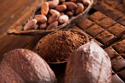 Cocoa Beans and Chocolate Bars on Wooden Table