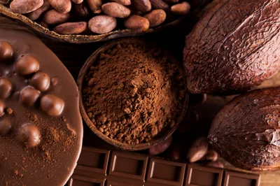 Top View Of Cocoa Beans And Chocolate Products