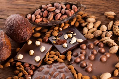 Assorted Chocolate Bars With Nuts And Cocoa Pods